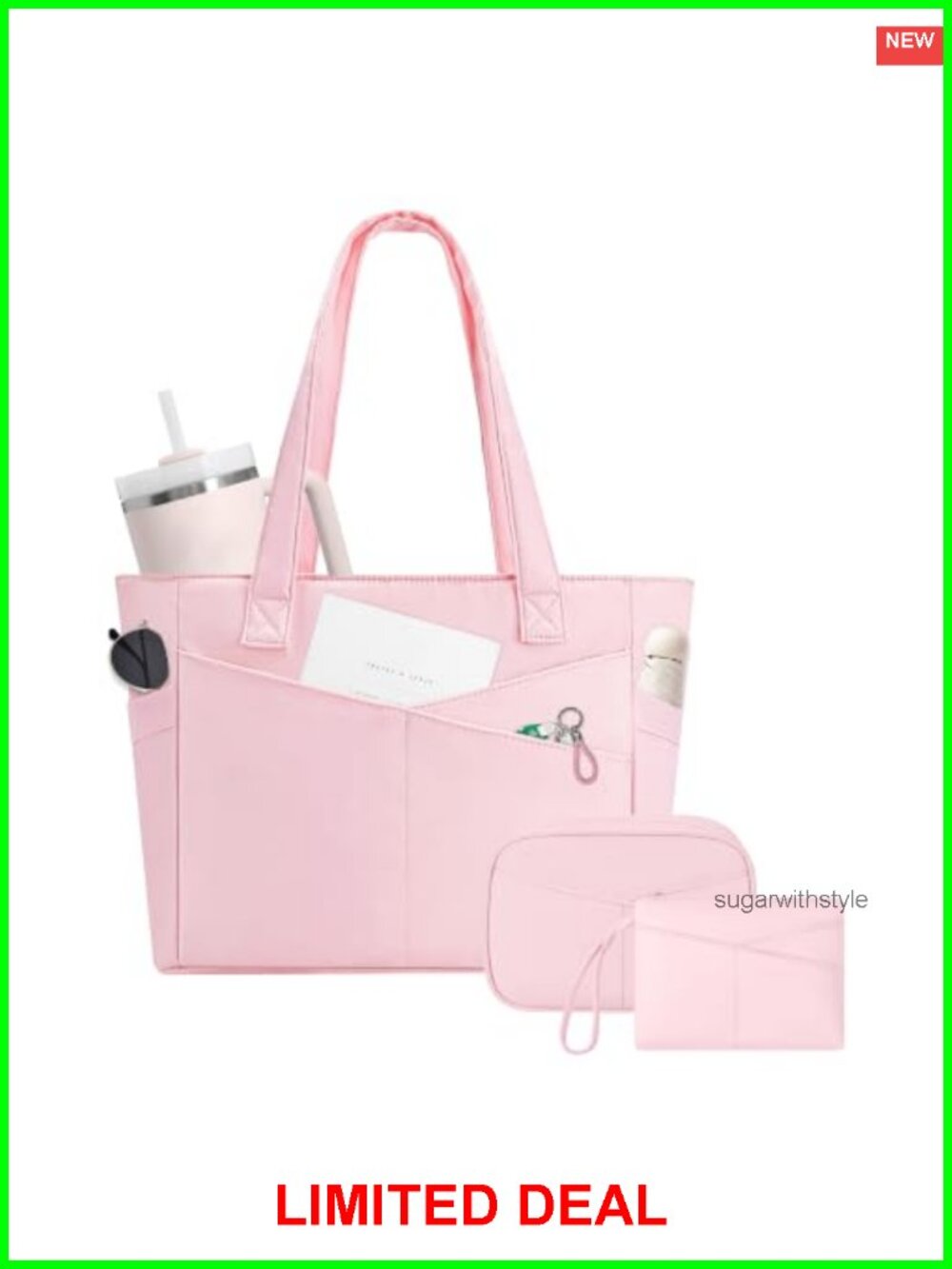 Large Nylon Tote Bag with Zipper 15.6 in Laptop Compartment Cup Holder